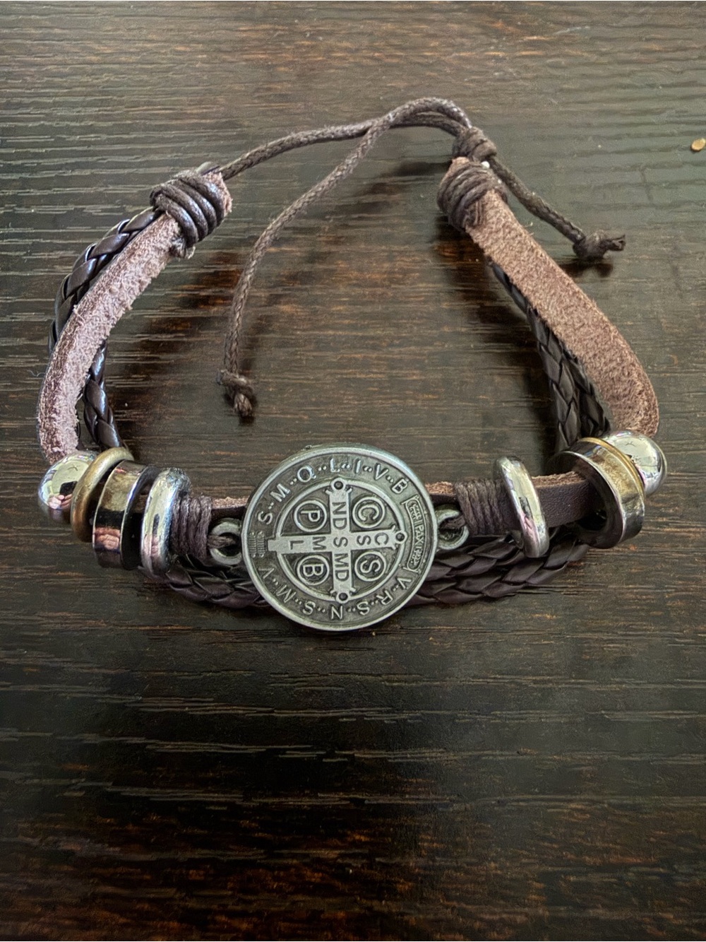 Brown Braided Leather Men's Bracelet with Silver Medallion